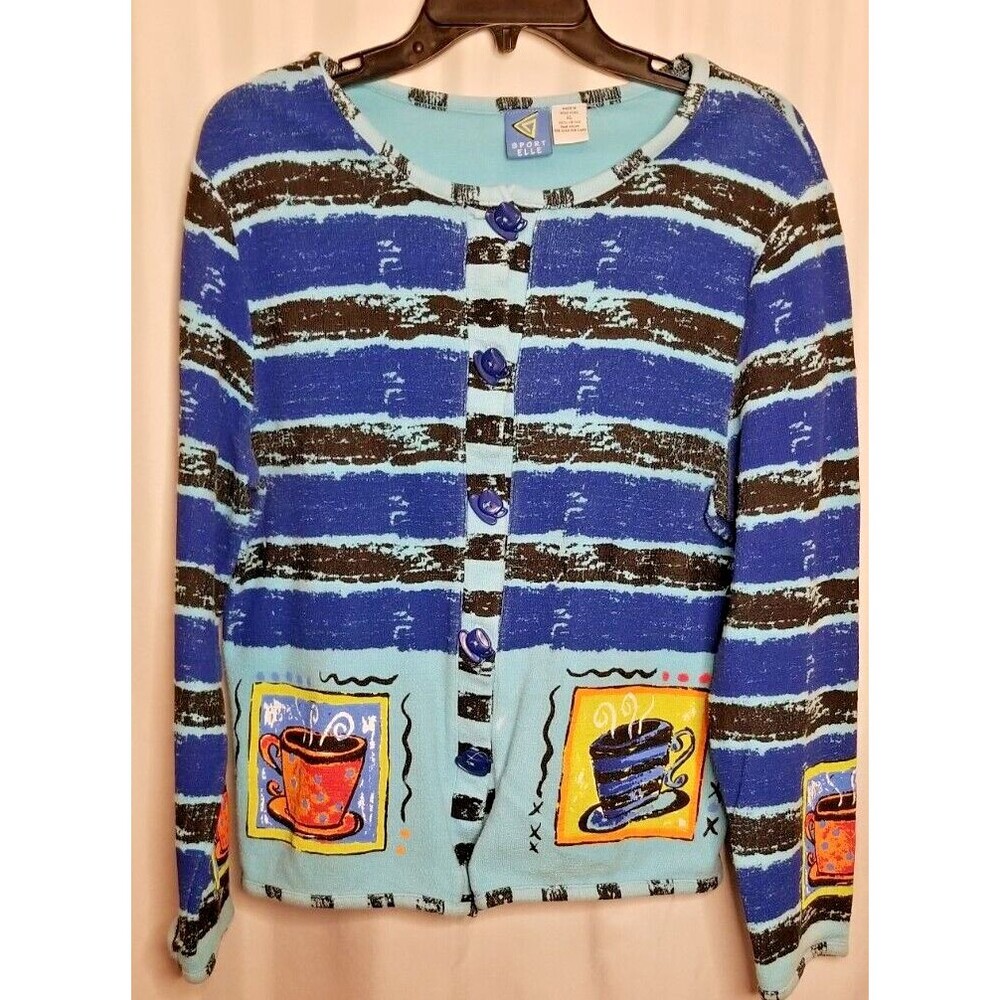 Women's Cardigan Coffee Cup Design Buttons Sport Elle Size XL